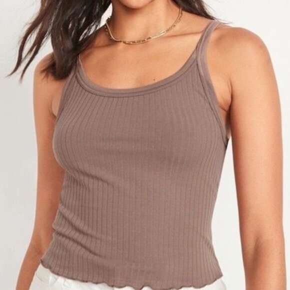 Old Navy Fitted Cropped Lettuce-Edge Rib Knit Tank Top Chocolate Brown Size XL - Picture 1 of 6